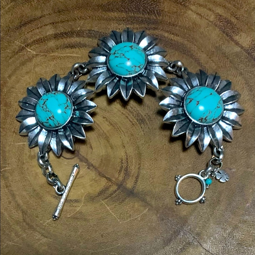 Vintage Lucky Brand Jeans Jewelry Silver Tone Turquoise Flower Bracelet Toggle